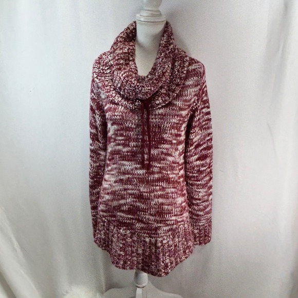 Sweaters - Womens Marled Burgundy White Cowl Neck Tunic Sweater Drawstring